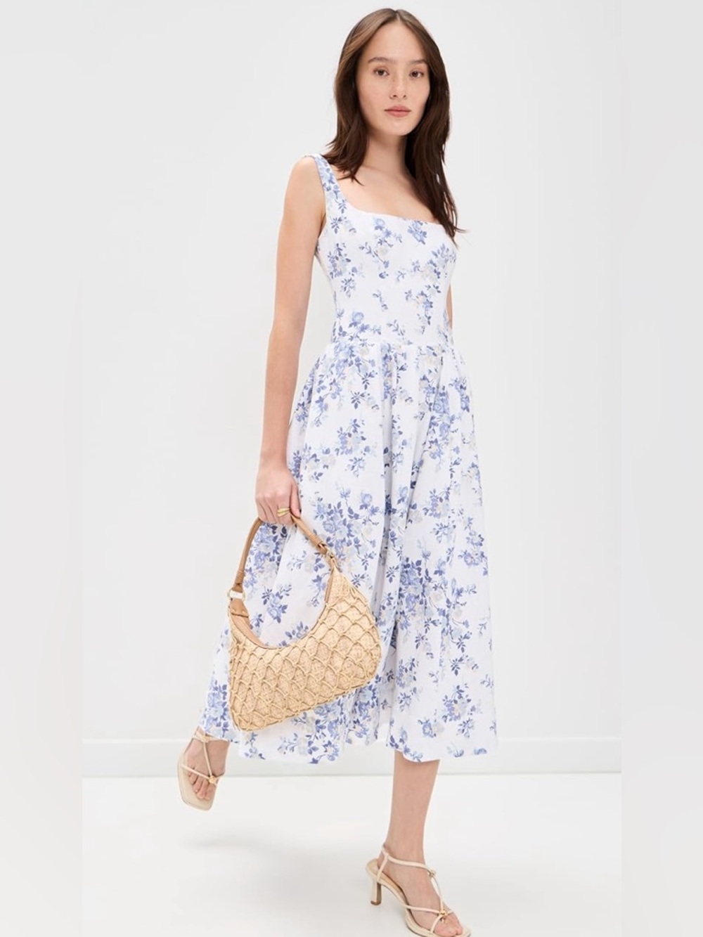 NEW Reformation Janu Midi Linen Dress Lana Floral Blue White | US 6 / UK 10